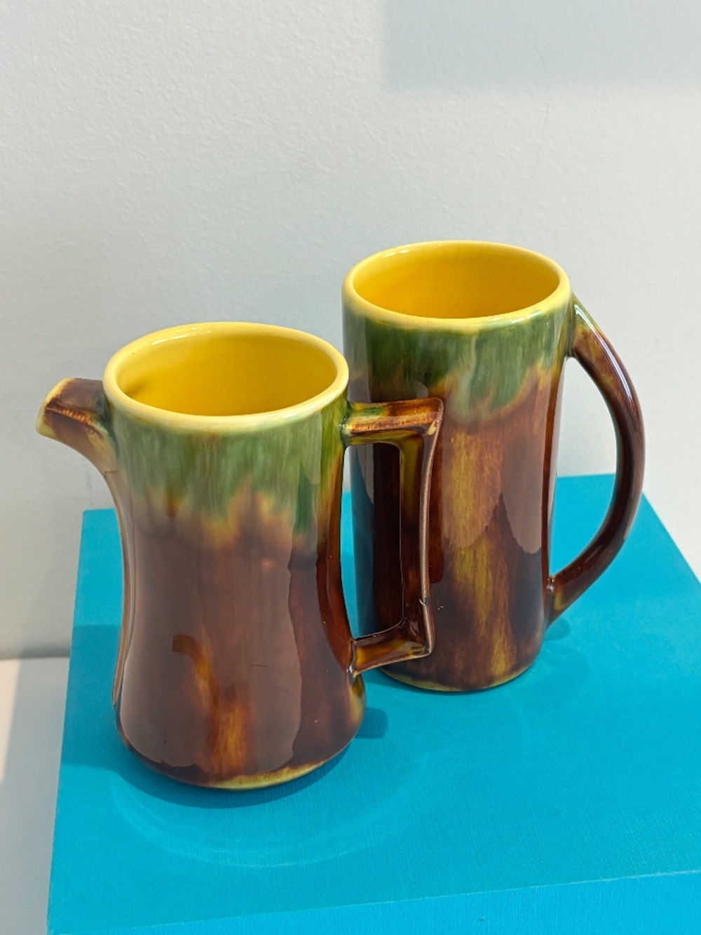 Vintage ceramic pitcher 'creamer' and mug SET brown green & yellow drip glaze